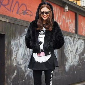 ADIDAS Originals Women's Black Faux Fur Hoodie Jkt
